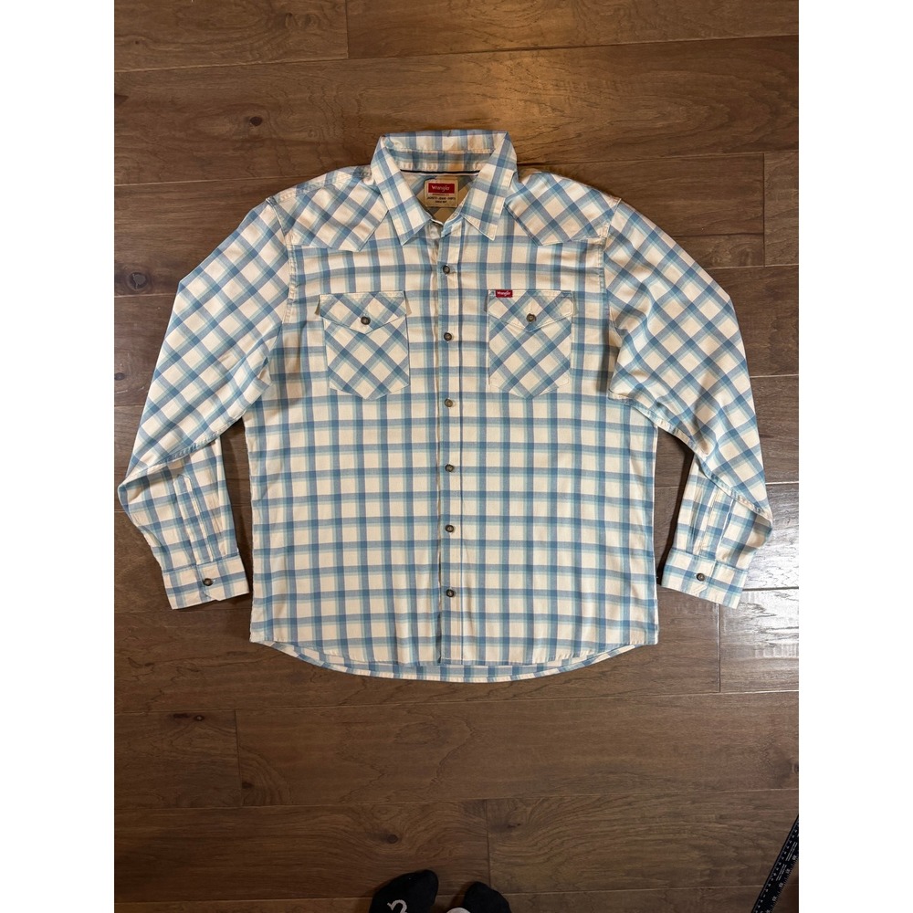 Wrangler Mens Blue Cream Plaid‎ Western Button Shirt XL Long Sleeve Cotton